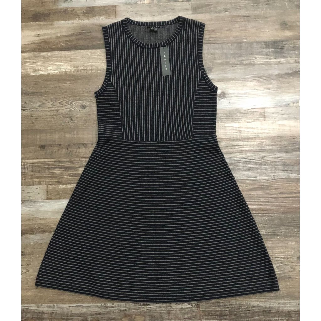 Theory Womens Medium Navy Blue Striped Evian Stretch Dress New $345 Tags